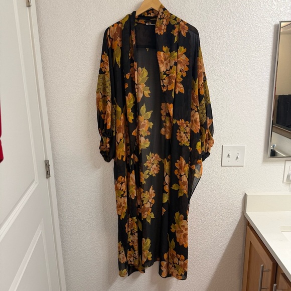 Free People Black Orange Floral Monday Morning Kimono Duster Size XS/S - Picture 4 of 6